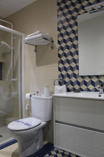 a bathroom with a toilet and a shower and a sink at Alojamiento Rural La Estrella de David in Almagro