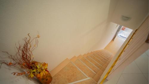 una escalera con un jarrón de flores en el suelo en Apartmani Ana, en Tivat