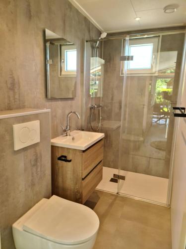 a bathroom with a toilet and a sink and a shower at Bungalowpark Mooyeveld in Egmond-Binnen