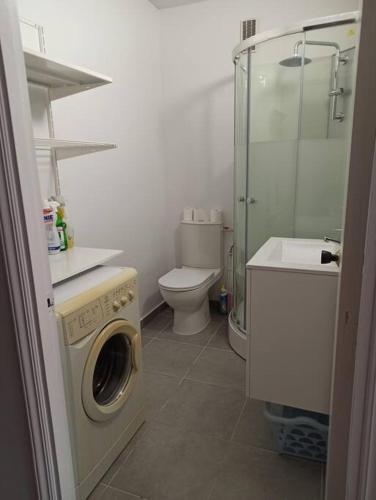 une salle de bain avec machine à laver et toilettes dans l'établissement Studio 4 pers, terrasse, climatisation, parking inclus, à Cannes