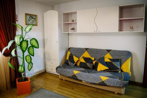 a living room with a couch and a plant at Class in Petroşani