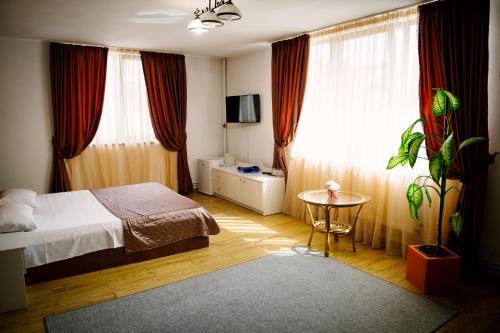 a bedroom with a bed and a table and a window at Class in Petroşani