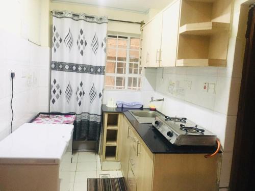 a small kitchen with a sink and a window at Waridi Apartments in Nairobi
