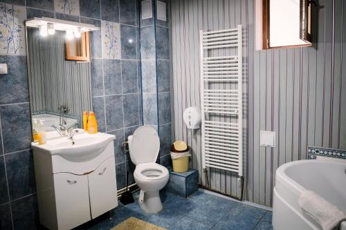 a bathroom with a toilet and a sink and a tub at Class in Petroşani