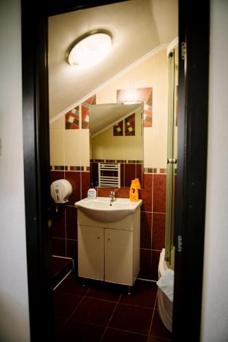 a bathroom with a sink and a mirror at Class in Petroşani