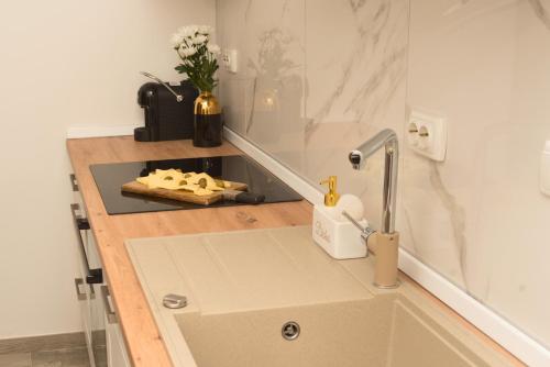 a kitchen with a sink and a counter top at City Life Rijeka in Rijeka