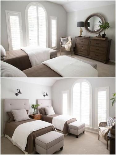 two pictures of a bedroom with two beds and a mirror at Luxurious 2 Bedroom Central Flat in Leicester