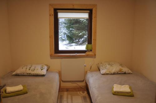 two beds in a room with a window at Cataleya Rajcza in Rajcza