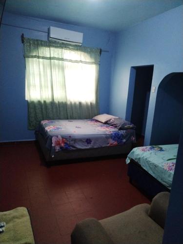 a blue room with two beds and a window at Hotel 24 /7 in Comayagua