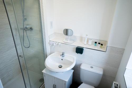 uma casa de banho com um WC, um lavatório e um chuveiro em Hewitt House Business Contractor em Peterborough