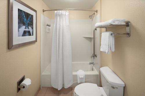 a bathroom with a white toilet and a shower at SpringHill Suites by Marriott Modesto in Modesto