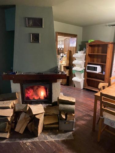 a fireplace in a living room with a pile of wood at zielonapogoda in Lądek-Zdrój