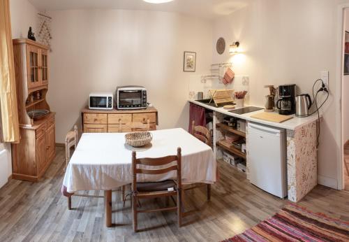 eine Küche mit einem Tisch und eine kleine Küche mit einem Herd in der Unterkunft Gite aux 1000 chemins - Apt 50m2 in Saint-Joseph-de-Rivière