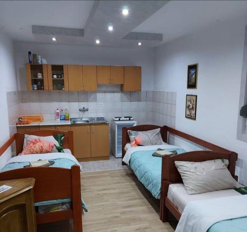ein Wohnzimmer mit 2 Betten und eine Küche in der Unterkunft Hostel Yugoslavija 1 in Aleksandrovac
