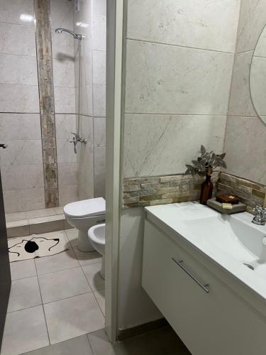uma casa de banho com um WC, um lavatório e um chuveiro em Millenium Villa Maria-cba em Villa María