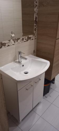 a bathroom with a white sink and a mirror at Apartament morski Aquasfera in Reda