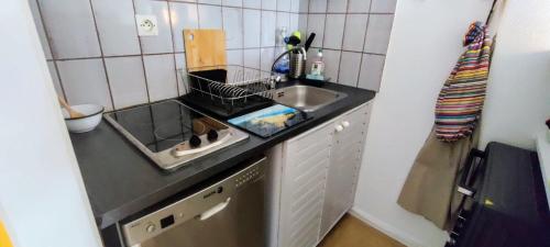 Il comprend une petite cuisine équipée d'un évier et d'un lave-vaisselle. dans l'établissement Studio with balcony in residence facing the pool, à Arcachon