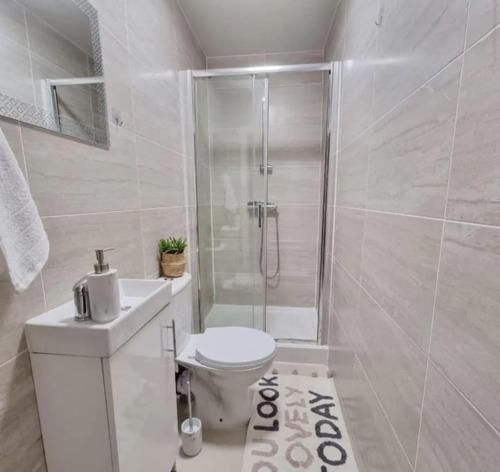 a bathroom with a shower and a toilet and a sink at London Central Luxury Stay in London