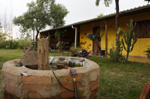 una fuente de piedra frente a una casa en Pousada Sitio do Terrao, en Três Marias
