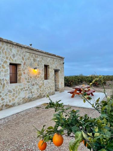 a stone building with a picnic table in front of it at Mas de Melonet Delta del Ebro in L'Aldea