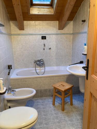 ein Badezimmer mit einer Badewanne, einem WC und einem Waschbecken in der Unterkunft Dolomiten Dream House in Ziano di Fiemme