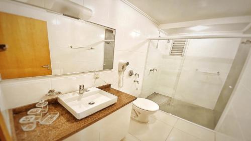y baño con aseo, lavabo y ducha. en 105 Saint Sebastian Flat en Jaraguá do Sul