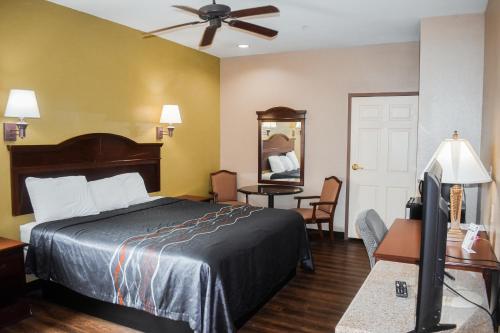 a hotel room with a bed and a television at Garden Suites in La Porte