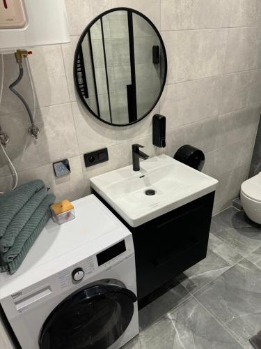 a bathroom with a washing machine and a sink at Brooklyn Apartaments Parking on Street in Katowice