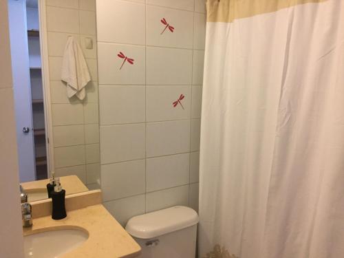 y baño con aseo, lavamanos y cortina de ducha. en BELLAVISTA DARDIGNAC, en Santiago