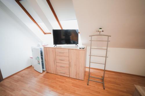 a living room with a television and a ladder at Pension Štěpán in Mikulov