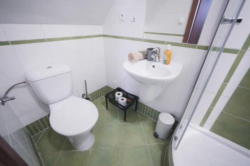 a small bathroom with a toilet and a sink at Pension Štěpán in Mikulov