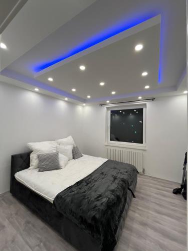 um quarto com uma cama grande e uma luz azul em Wohnung am Norderstedt Stadtpark em Norderstedt
