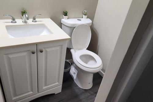 La salle de bains est pourvue d'un lavabo blanc et de toilettes. dans l'établissement Quadruplex Gem:Patio Paradise, à Fayetteville