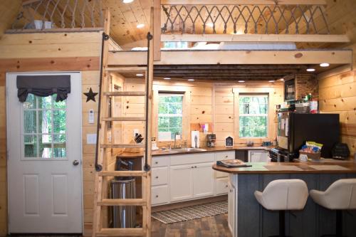 a kitchen with a loft bed in a tiny house at Little House in the Woods - 30 minutes to downtown Nashville in Pegram