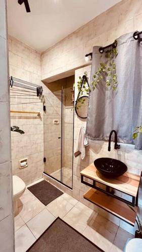 y baño con lavabo y ducha. en Estúdio charmoso na Lapa, en Río de Janeiro