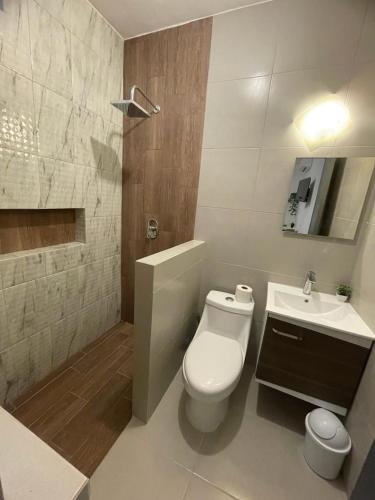 La salle de bains blanche est pourvue de toilettes et d'un lavabo. dans l'établissement Loft en Zona Tec, à Monterrey