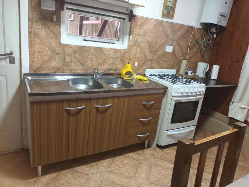una piccola cucina con lavandino e piano cottura di casa a una cuadra del centrode ushuaia a Ushuaia