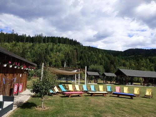 a group of picnic tables and chairs in a field at Casa Bradul Voronet in Gura Humorului