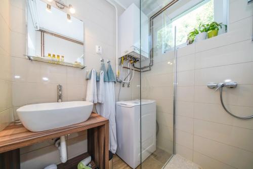 a bathroom with a sink and a shower at Apartments with WiFi Varazdin, Zagorje - 22171 in Varaždin