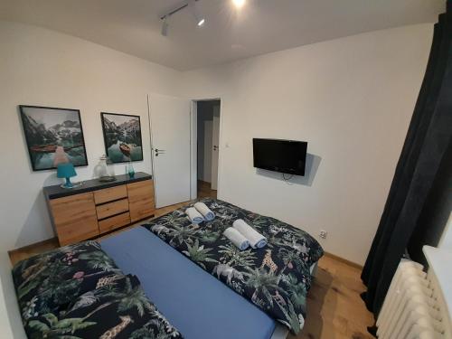 Apartament Leszczynki في غدينيا: غرفة نوم بسرير وتلفزيون بشاشة مسطحة