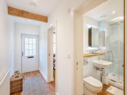 a bathroom with a toilet and a sink and a shower at Winter Cottage 