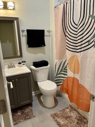 a bathroom with a toilet and a shower curtain at SPACIOUS & MODERN 3 BR HOME WI-Fi FREE PARKING in Chicago