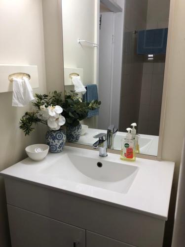 La salle de bains est pourvue d'un lavabo blanc et d'un miroir. dans l'établissement Silver Bream Four, à Mallacoota