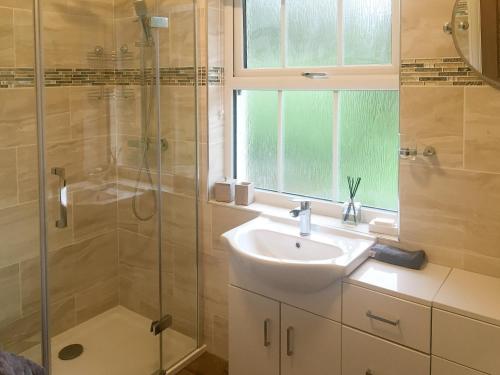 a bathroom with a sink and a shower at Kielder Kip Cottage in Kielder