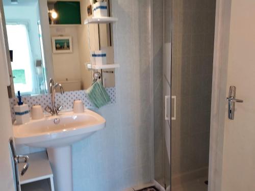 une salle de bain avec un lavabo et une douche dans l'établissement Maison avec piscine, tennis et aire de jeux à 950m de la plage de sable fin - Saint-Vincent-sur-Jard - FR-1-336-145, à Saint-Vincent-sur-Jard