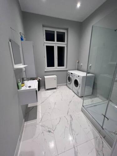 a bathroom with a washing machine and a sink at Odra River Condo in Szczecin