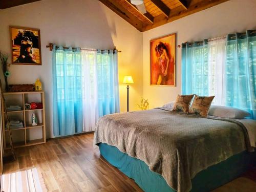 1 dormitorio con 1 cama grande y cortinas azules en Ecoscape Jamaica - Lavish 1-br cottage by the river en Saint Annʼs Bay