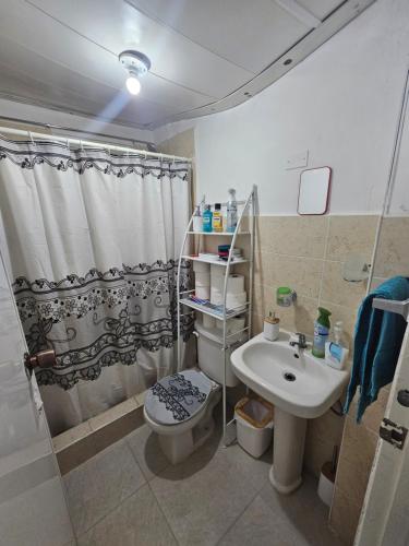 a bathroom with a shower and a toilet and a sink at Apartamento frente malecón SD este in La Francia