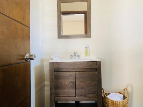 een badkamer met een wastafel en een spiegel aan de muur bij Cozy & Quiet Pet friendly Studio in Ensenada