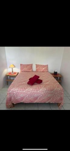 - un lit avec une couette rayée rose et blanche dans l'établissement Stay 'n Go - Raiatea, à Uturoa